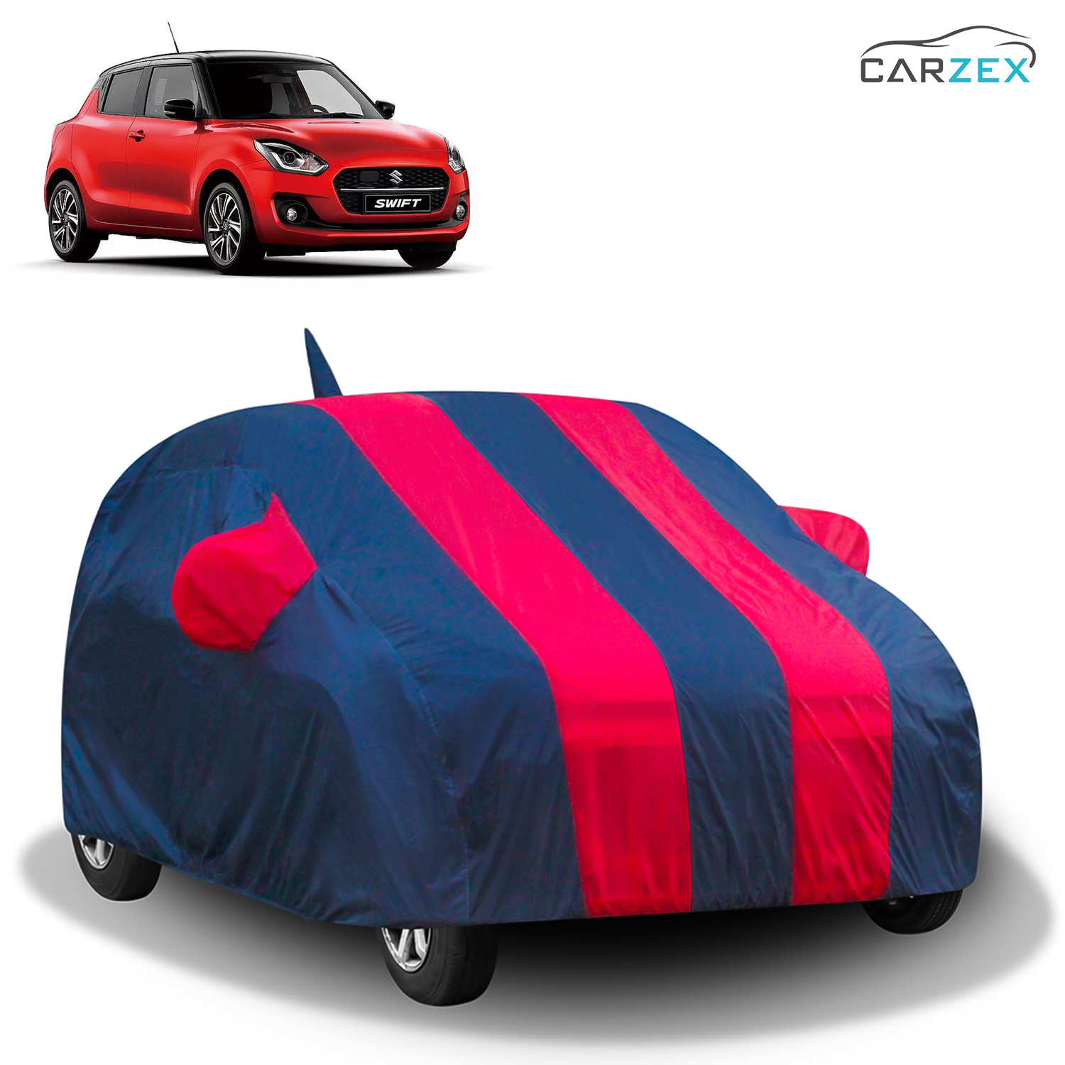 Carzex Stylish Red & Blue Stripes Car Body Cover with Mirror & Antenna Pockets for Maruti Suzuki Swift New